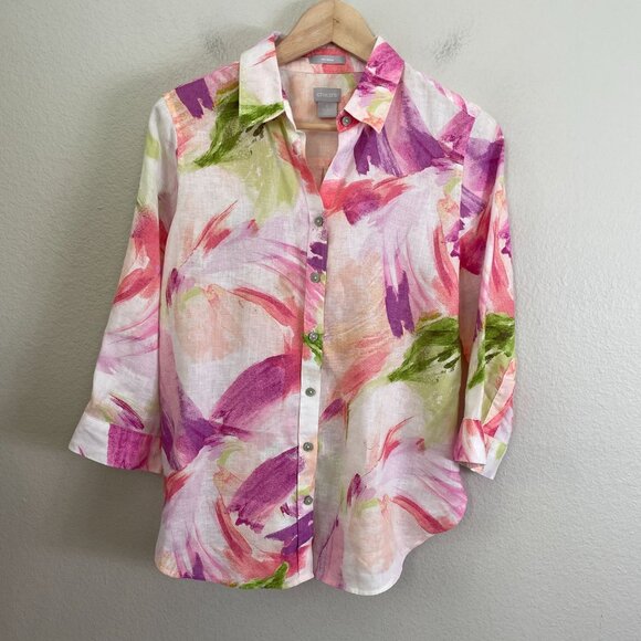 Chicos Womens 4 No Iron Watercolor Linen Button Up Shirt 3/4 Sleeve Blouse - Picture 7 of 10